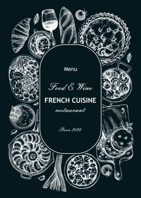 French food wreath design on chalkboard. Vintage food and wine sketches. European restaurant menu template. France background. Hand-drawn vector illustration, NOT AI generated